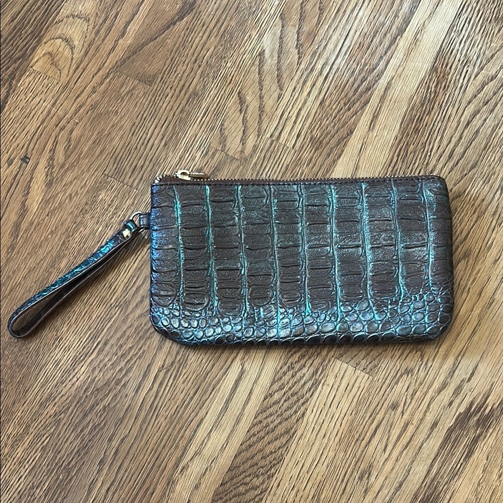 Teal and Brown Crocodile Embossed Leather Wristlet by Perllini